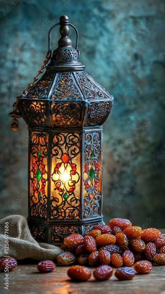 Aufkleber a beautifully crafted lantern glows softly, illuminating a pile of glossy lantern dates that are arr