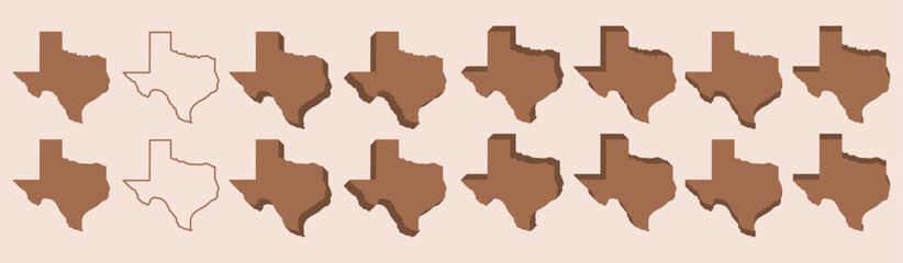 Texas map vector pack solid flat outline 3D shadow isometric independence day