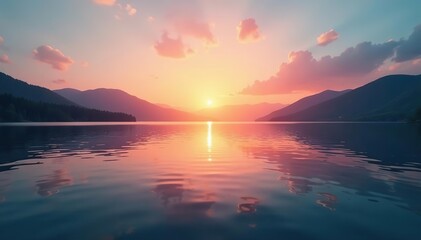 Calm lake at dawn with gentle ripples on the water's surface, scenery, calm, dawn