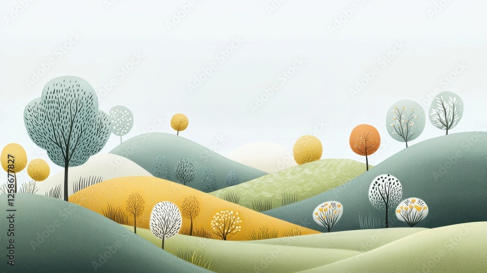 Poster serene panoramic view of spring landscape with rolling hills and colorful trees