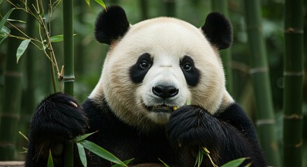 Obraz premium A giant panda enjoys a bamboo snack while gripping a stalk in a lush green forest. Its black-and-white fur contrasts with the vibrant foliage, capturing a peaceful moment in nature.