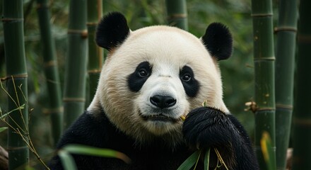 A giant panda peacefully chews on bamboo in a dense green forest. Its soft black-and-white fur contrasts beautifully with the vibrant bamboo stalks, creating a serene and natural scene.