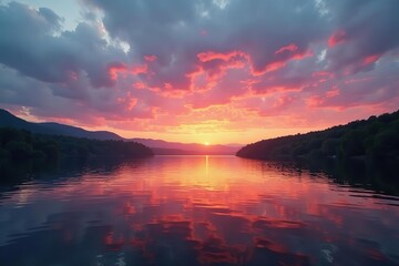 Calm waters and majestic sky at sunset on Phoenix lake in Dortmund, evening light, panoramic, peaceful
