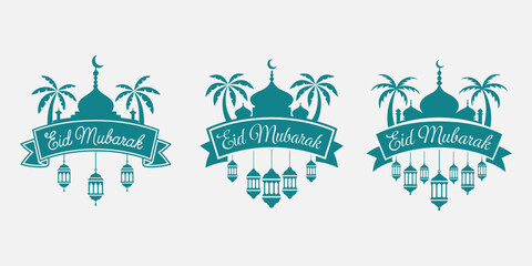 Obraz premium Eid Mubarak Islamic Vector with Mosque, Palm Trees & Hanging Lanterns