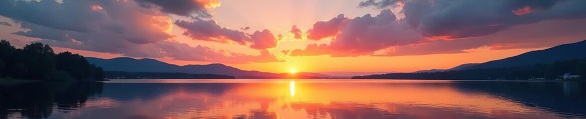 Calm waters and majestic sky at sunset on Phoenix lake in Dortmund, panoramic, sky