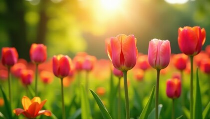 Sunlit meadow, vibrant tulips blooming in spring , orange, tulips