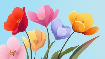 Vibrant Spring Flowers in Pop Art Style Illustration with Colorful Blooms on a Soft Blue Background