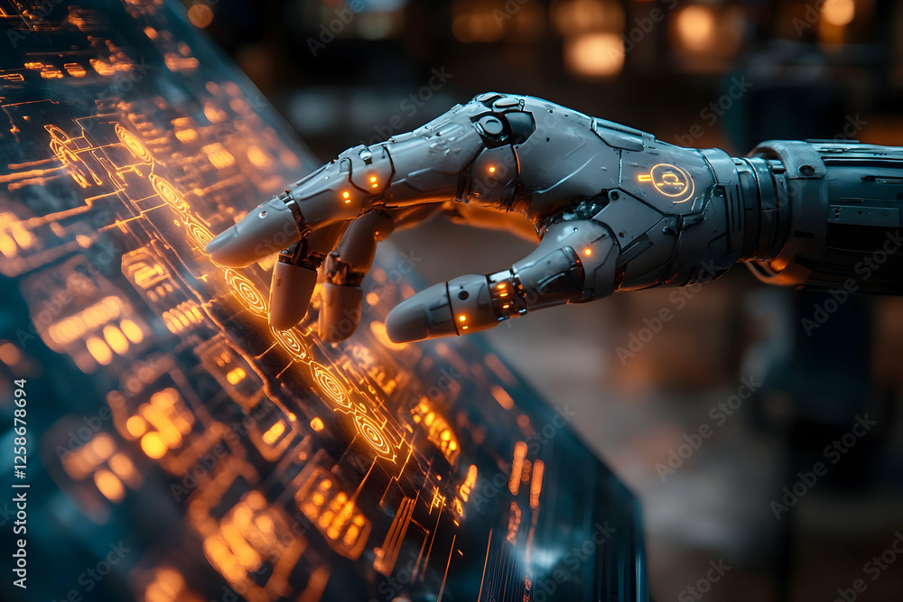 Poster futuristic robot hand interacting with a digital interface