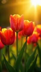 Obraz premium Vibrant tulips bask in golden sunlight, petals glowing , beauty, flowers