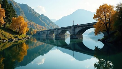 Calm water surface reflections on flood river Po Ticino Bridge Becca, riverbank, serene, reflection