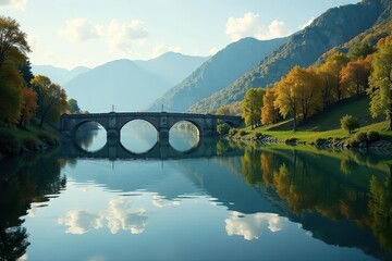 Calm water surface reflections on flood river Po Ticino Bridge Becca, riverbank, reflection