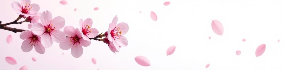 Obraz premium Cherry blossom branches with pale pink flowers scattered on a white background, flowers, blooming flowers, cherry blossoms