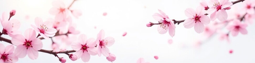 Fototapeta premium Cherry blossom branches with pale pink flowers scattered on a white background, light, branch, flowers