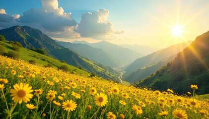 Camiseta amarilla brillante sobre un hermoso paisaje soleado, sol, paisajes, naturaleza