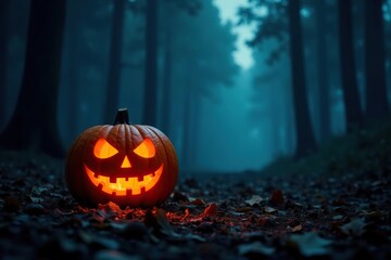 Carved pumpkin glowing in the darkness of a dense forest, mysterious, eerie, haunting
