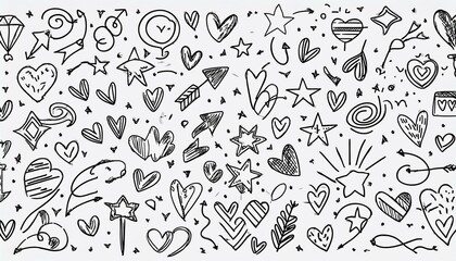 Obraz premium Hand drawn line cute star sparkle, heart, arrow elements. Doodle heart, arrow, star, sparkle decoration set icon. Simple sketch line style emphasis, attention, pattern elements. perfect any project.
