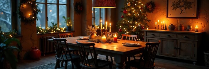 Candlelit dining area with a rustic wooden table and sideboard, festive, winter, sideboards