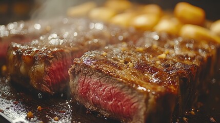 Sizzling medium rare steak with roasted potatoes cooking on griddle