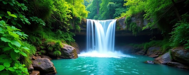 Cascade of turquoise waterfalls amidst lush greenery, forest, greenery