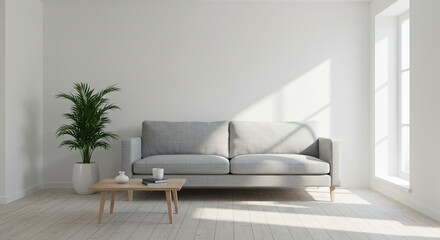 A modern minimalist living room with a light gray sofa, a wooden coffee table, and a green potted plant. Sunlight streams through large windows, creating a bright and cozy atmosphere.