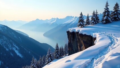 Cliff side with snow patched pine trees in foreground and distant mountains, winter wonderland, natural scenery