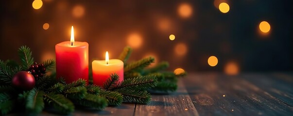 Candles and evergreen branches create a festive holiday scene, warm, cozy, advent