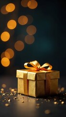 Dark bokeh background with golden gift box and confetti, holiday, festive, luxury