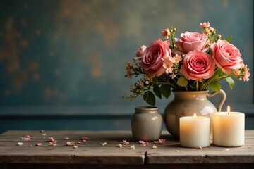 Candles and flowers on a vintage wooden table, flowers, decoration, decor