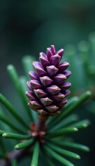 Fototapeta premium Closeup of a single purple violet pine cone on a branch, coniferous, foliage, evergreen