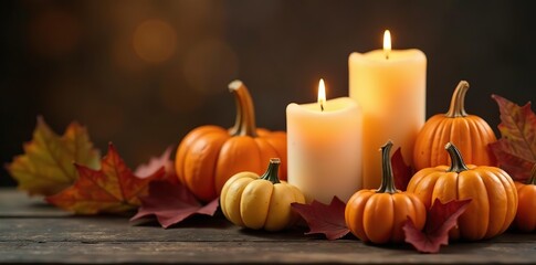 Candles and gourds in autumn arrangement on wooden table, gourds, candles, warm