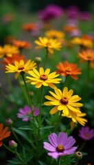 Fototapeta premium Coreopsis lanceolata in a garden bed with other plants, blooms, coreopsis, garden