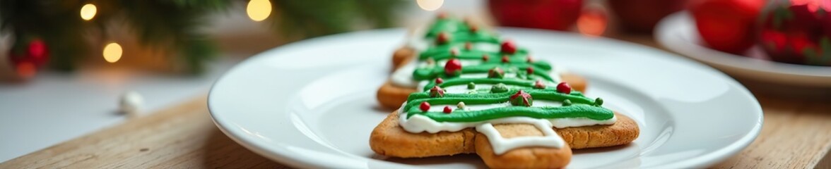 Decorated Christmas tree cookie on white plate, kitchen counter, dessert, gingerbread
