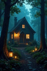 Candles and lanterns illuminate a forest cottage shrouded in mist, enchanted abode, glowing lanterns