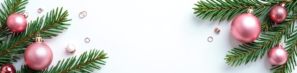 Decorated tree branches with pink ornaments amidst evergreen sprigs on a white background, holiday, holly, festive