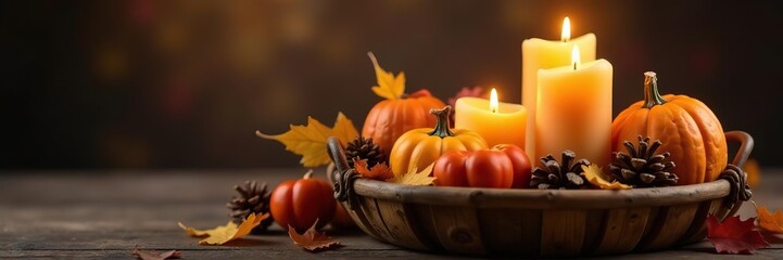 Candles and pumpkins in a wooden basket filled with autumn leaves and pinecones, autumn, rustic