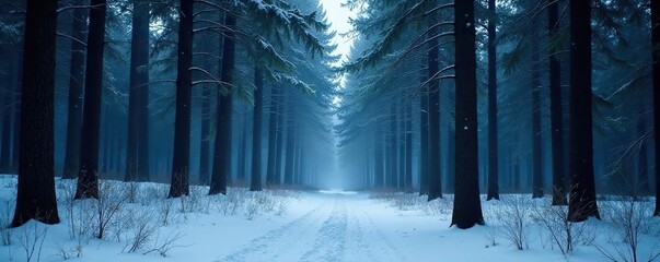 Naklejka premium Dark forest trees towering above the snow-covered ground, nature, forest, solitude