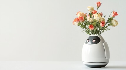 Naklejka premium A unique robot vase with bright colors will decorate any room, demonstrating creativity and innovation in design. A vase that doubles as a small robot, tending to the flowers it holds.