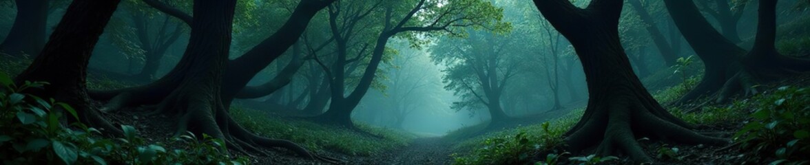 Obraz premium Dark forest with dense foliage and twisted tree trunks, atmospheric, wilderness