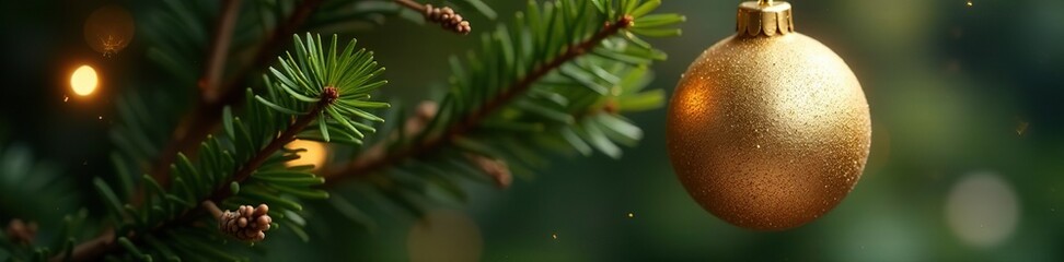 Decorative gold sphere ball suspended from a small pine tree branches, festive, christmas