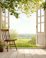 A serene view from an open window featuring a wooden chair, lush green landscape, and bright natural light inviting tranquility. © Rose on Lens
