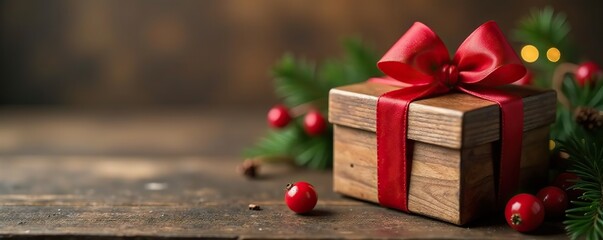 Decorative wooden gift box adorned with red berries, wooden, red, berry