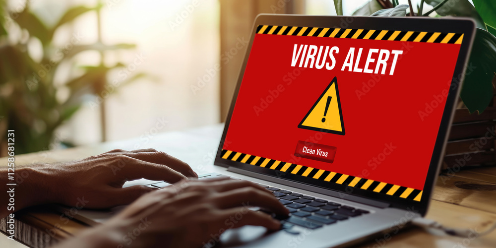 Poster virus warning alert on computer screen detected brisk cyber threat , hacker, computer virus and malw