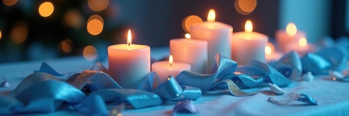 Candles with blue silvery ribbons on a tablecloth, festive, centerpiece