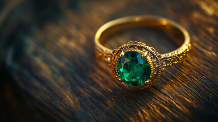 A beautifully lit close-up of an elegant gold ring adorned with a large green gemstone, positioned on a textured wooden surface, emphasizing its intricate design (1)