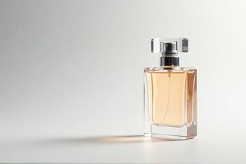 Delicate crystal bottle sits atop a pristine white surface, Cap, Perfume bottle, White