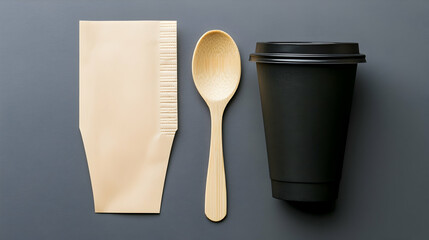 Coffee to go; disposable cup, wooden spoon, paper bag; gray background; mockup for cafe or restaurant menu