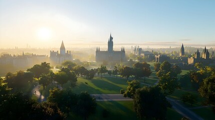 Obraz premium Sunrise Over a Hazy City with Historical Buildings and Lush Green Park