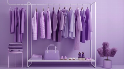 Lilac spring wardrobe pieces on a hanger, minimalist look.