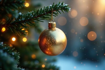 Delicate golden ornament hanging from the branch, Christmas tree decorations, winter wonderland, golden garland