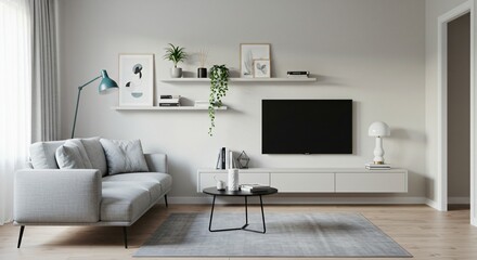 A modern minimalist living room with a light gray sofa, a black coffee table, a floating TV unit, and wall shelves decorated with plants, books, and artwork. The space is bright and elegant.